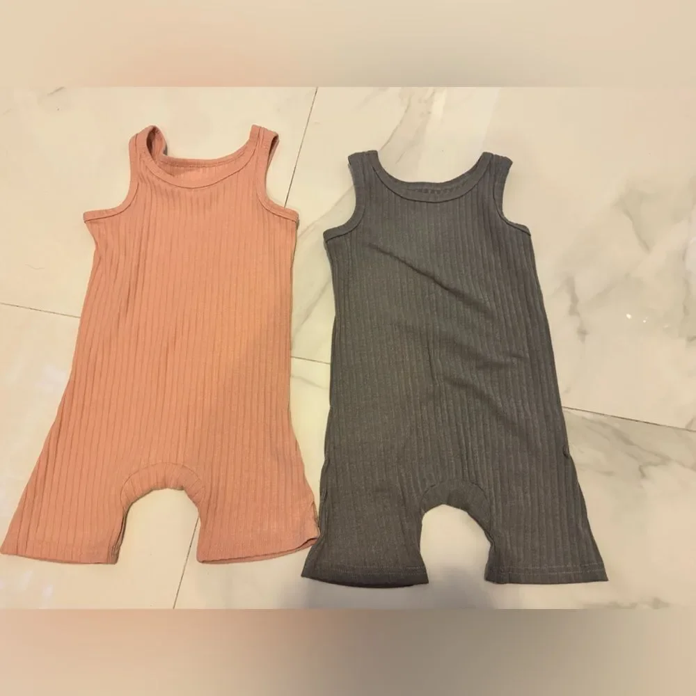 Ribbed Sleeveless kids Rompers in Pink and Gray #22